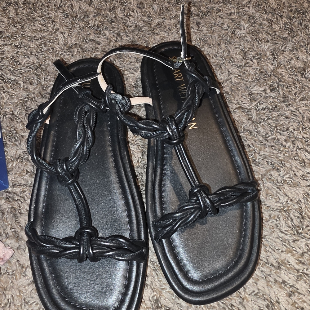 Stuart Weitzman Black Knotted Strap Leather Sandals
